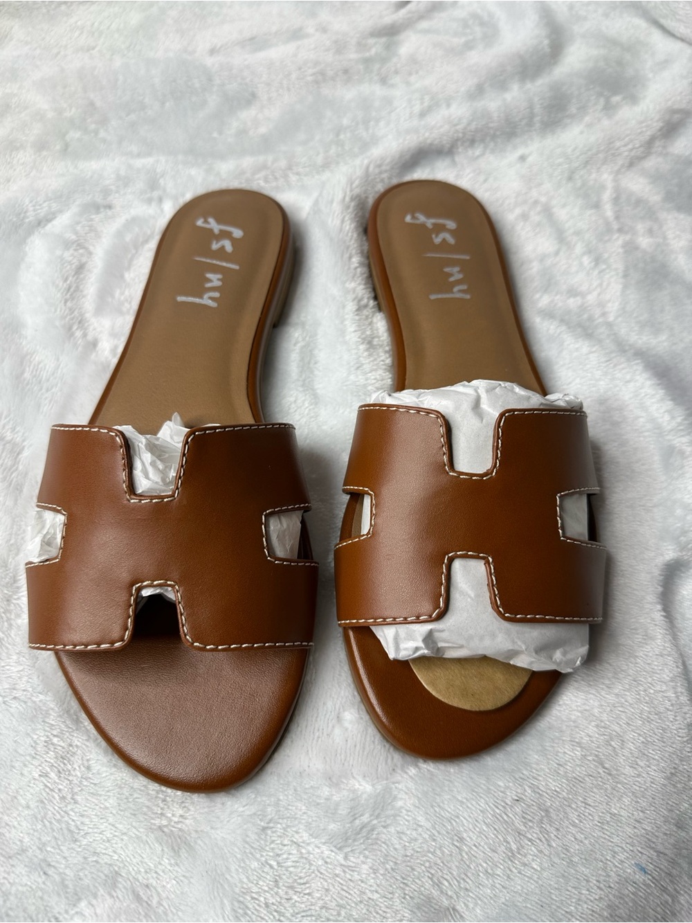 French Sole Cognac Brown Slide Sandals